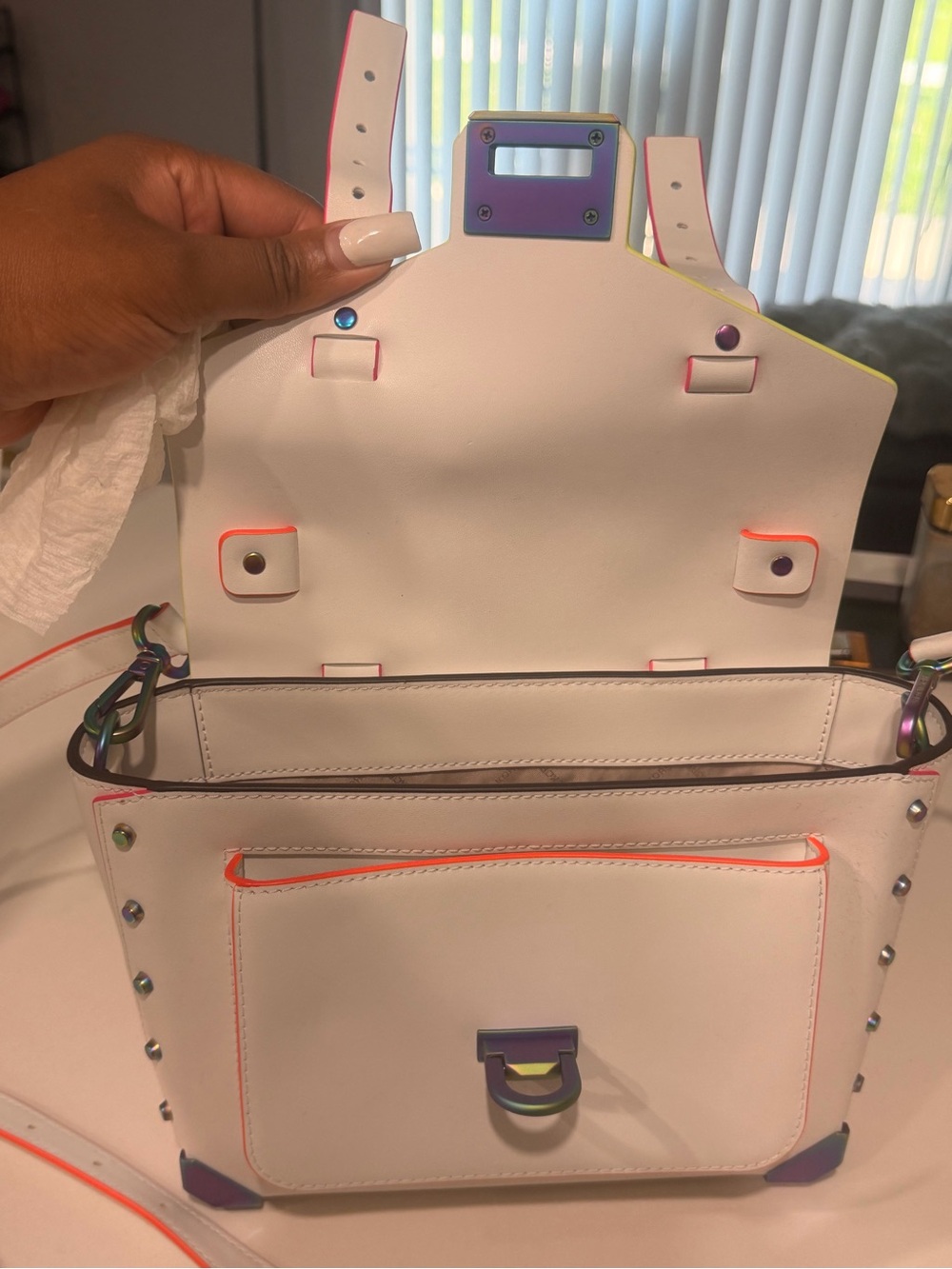 Michael Kors White Satchel with Neon Pink & Orange Trim - Picture 10 of 11